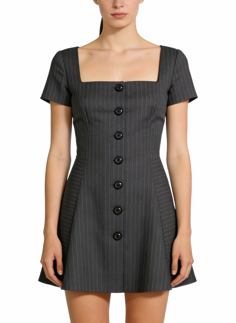 square-neck-single-breasted-fitted-waist-versatile-dress