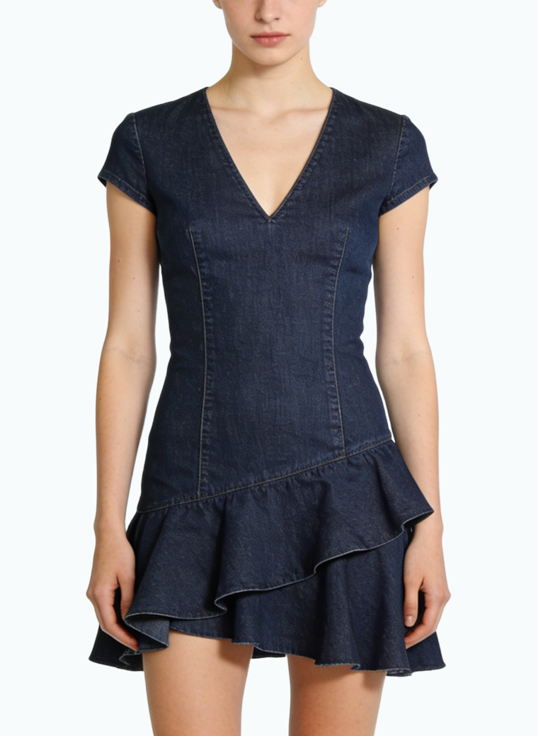 v-neck-fitted-waist-casual-versatile-denim-style-dress