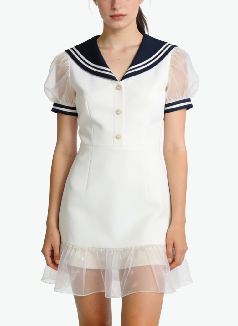 sailor-collar-puff-sleeve-waist-defining-sweet-dress-for-women