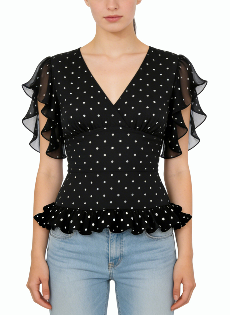 womens-ruffled-v-neck-polka-dot-short-sleeve-top